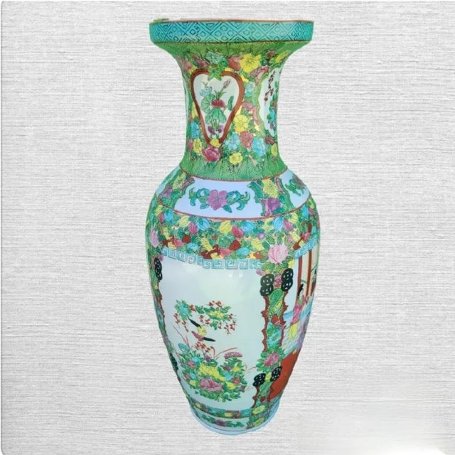 Chinoiserie Vintage Large Chinoiserie Ceramic Famille Rose Greek Key Asian Garden Scene Decorative Floor Vase For Sale - Image 3 of 7