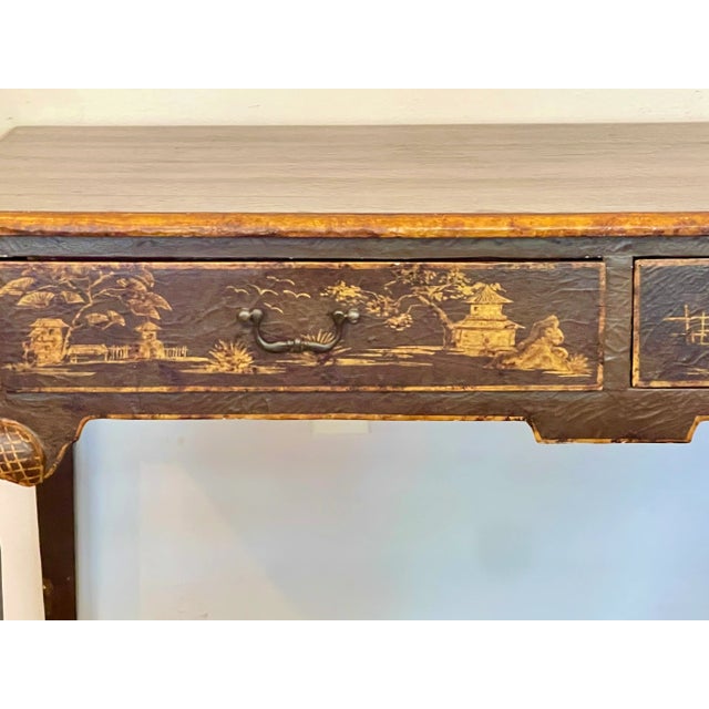 Just in! This Early 20Th. Century. Georgian Style Chinoiserie Lacquered Parcel Gilt Desk. This Brown lacquer desk has a...
