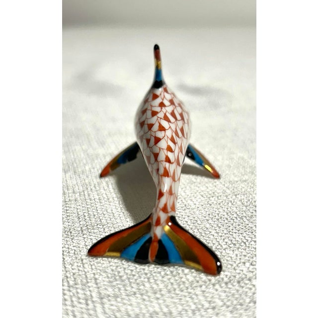 Mid-Century Modern MCM Herend Hand Painted Fishnet Hungarian Porcelain With 24k Gold Accents Dolphin For Sale - Image 3 of 6