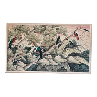 Mid 20th Century W. Gunakai Balinese Passerine Birds Painting 54", Framed For Sale