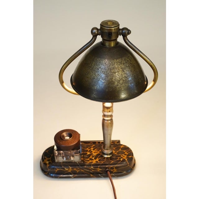 1910s Rare Arts Crafts Bradley Hubbard Brass Tilt Shade Pen Inkwell Cast Iron Student Table Lamp For Sale - Image 12 of 13