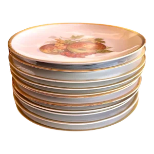 Set of 11 German Fruit Design Salad / Dessert Plates With 24k Gilt Rim - Matching Coffee Cups Listed Separately