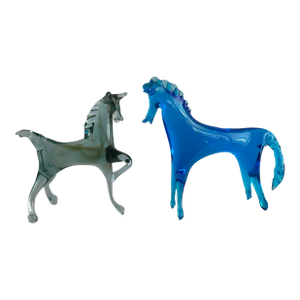 Vintage 1960s Murano Style Hand Blown Glass Horse Figurines Blue & Green- A Pair