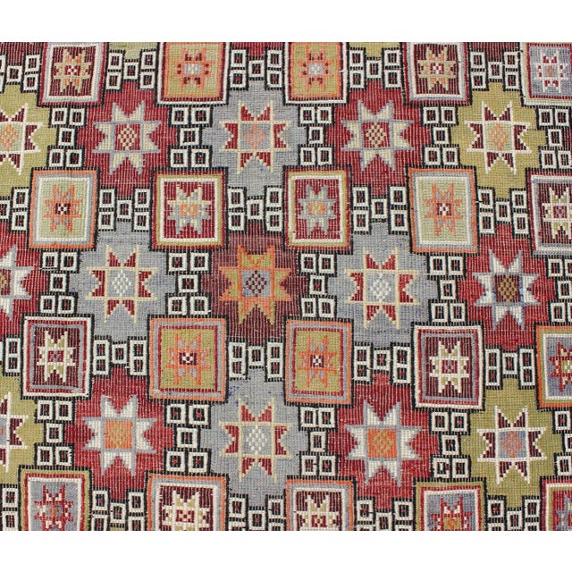 Mid 20th Century Colorful Vintage Kilim Embroidered Jajeem With Star Design in Green, Blue & Red For Sale - Image 9 of 12