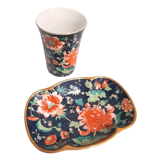 Irice Chinoserie Navy Orange Floral Soap Dish and Cup For Sale