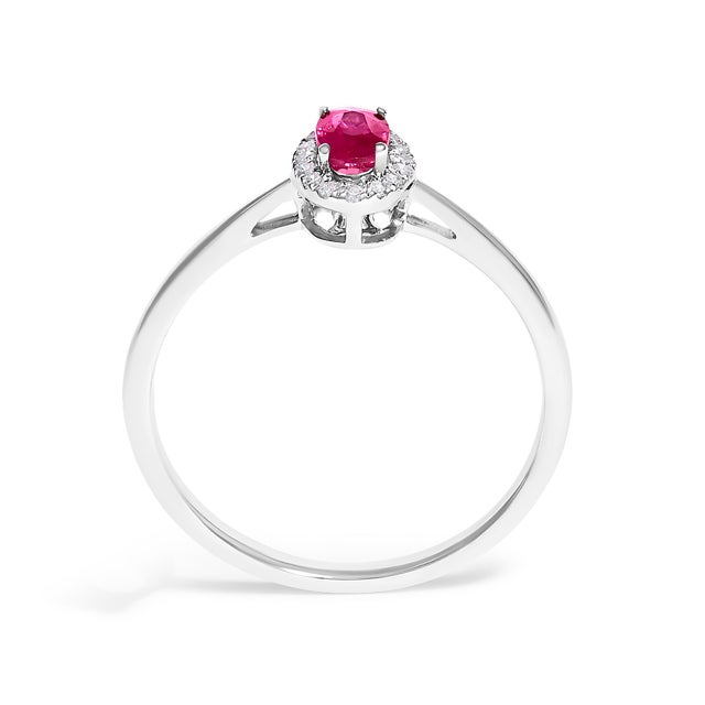 10K White Gold 5X3MM Oval Red Ruby and Diamond Accent Halo Ring (I-J Color, I1-I2 Clarity) - Ring Size 5.5 For Sale In New York - Image 6 of 7