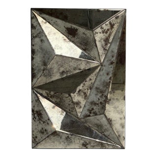 Brutalist Geometric Wall Mirror, Distressed Beveled Glass, Wood, 21st C. For Sale
