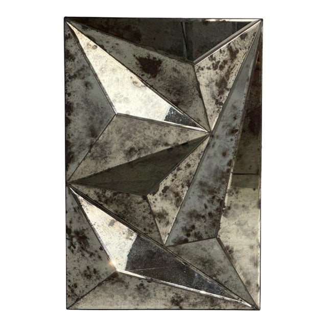 Brutalist Geometric Wall Mirror, Distressed Beveled Glass, Wood, 21st C. For Sale