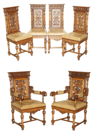 Gothic Revival Hand Carved Walnut and Brown Leather Dining Chairs, Set of 6