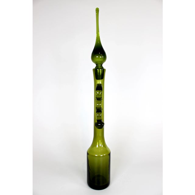 Mid-Century Modern 1960's Hand Blown Green Glass Decanter With Flame Tip Stopper For Sale - Image 3 of 11