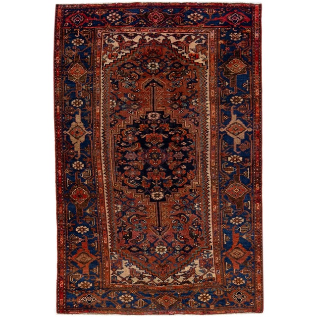 Textile 1960s Vintage Persian Hamadan Navy Blue Handmade Medallion Wool Rug For Sale - Image 7 of 7