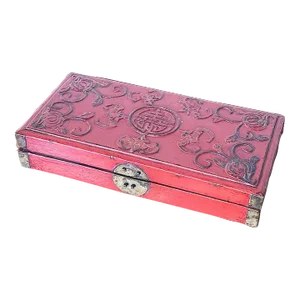 Antique Chinese Red Lacquer Box With Traditional Floral and Bat Motif in Relief and Brass Corners