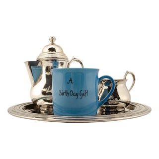 Litolff Blue Porcelain Mug and Elkington & Co Silver Plated Coffee Service, 2010s, Set of 4 For Sale
