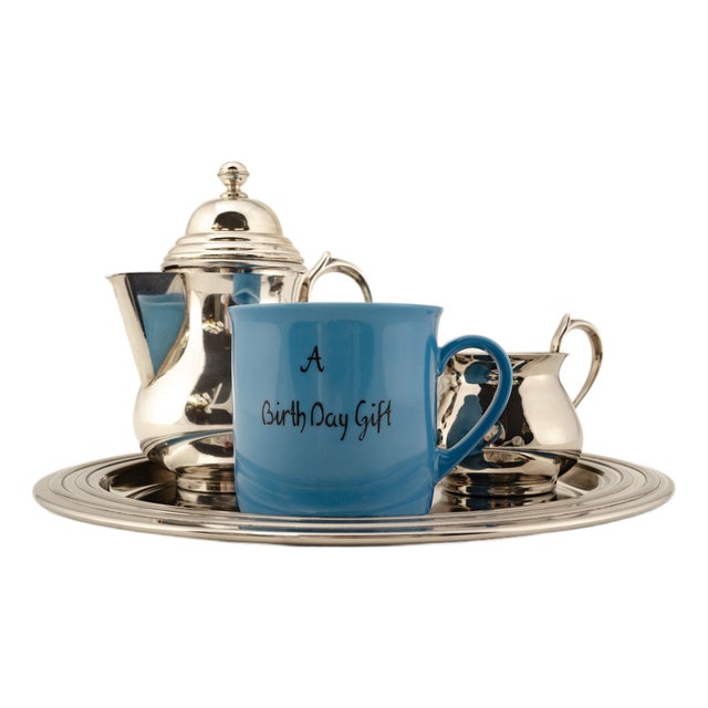 Litolff Blue Porcelain Mug and Elkington & Co Silver Plated Coffee Service, 2010s, Set of 4 For Sale
