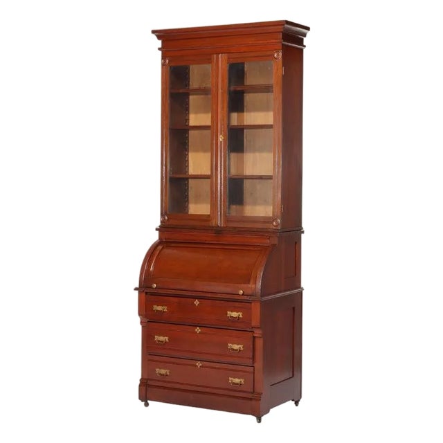 Antique Eastlake Walnut Cylinder Roll Top Desk C1890 For Sale