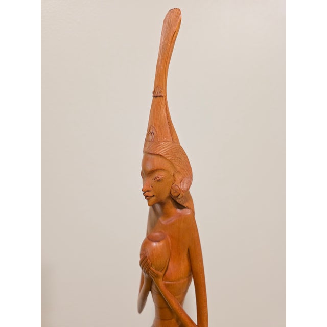 Brown Large 22" Mid-Century Balinese Art Deco Elongated Maiden With Water Vessel Masterwork Sculpture For Sale - Image 8 of 12