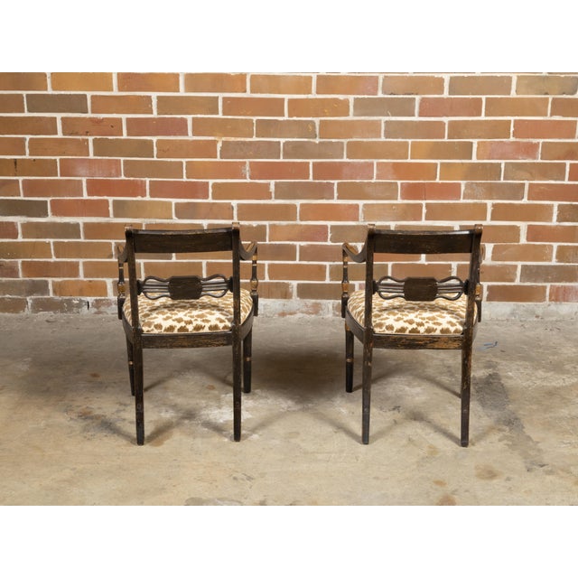 Brown Pair of English Regency Period Early 19th Century Black and Gold Armchairs For Sale - Image 8 of 12
