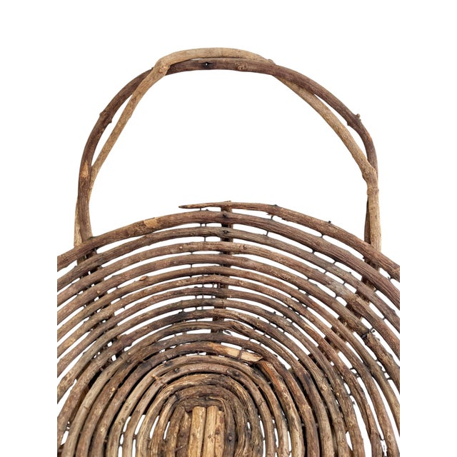 Vintage French Folk Art Adirondack Style Grapevine Gathering Basket With Double Handles, Mid-Century Rustic Market Basket 24” Wide For Sale - Image 6 of 18