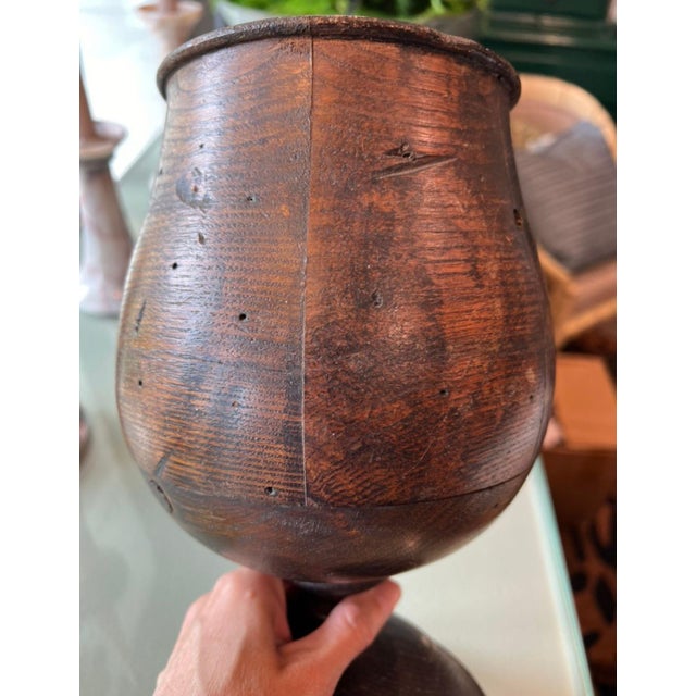 Farmhouse 1950s Oak Urn Vessel Stained Dark Brown For Sale - Image 3 of 7