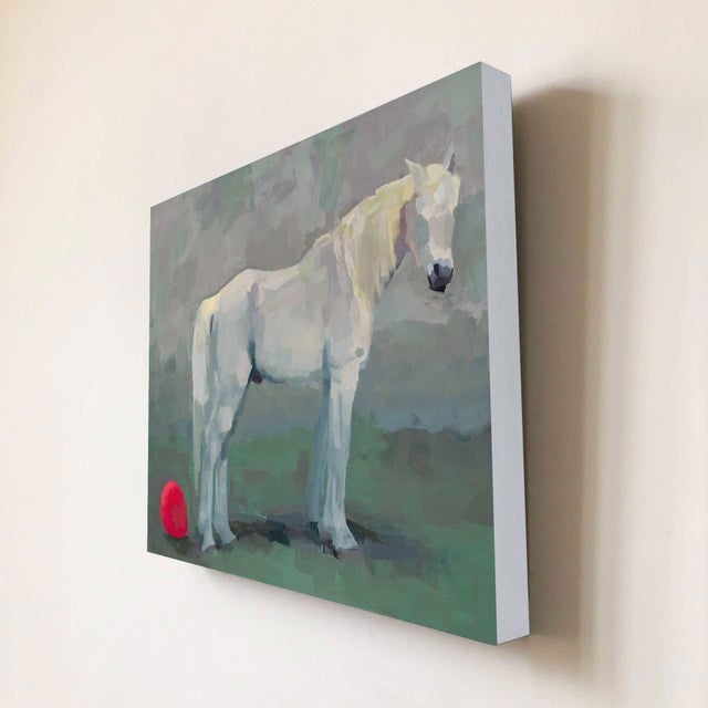 Abstract Dissolution by Shelli Langdale | Oil on gallery canvas of a white horse beside a red ball For Sale - Image 3 of 4
