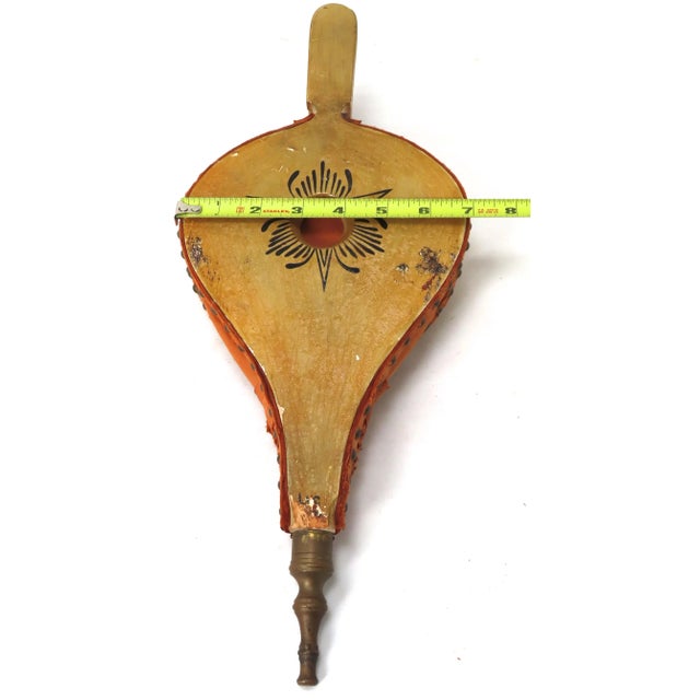 Vintage Tole Style Hand Painted Wood Leather & Brass Fireplace Bellows For Sale - Image 11 of 13