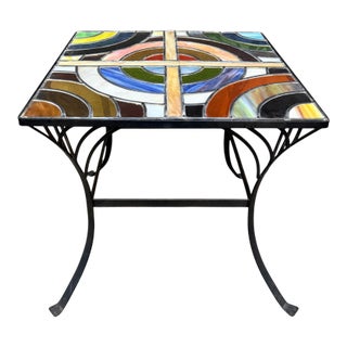 Vintage Stained Glass Side Table Wrought Iron Base Geometric Top For Sale
