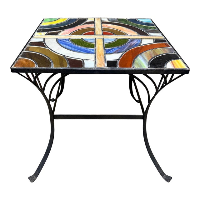Vintage Stained Glass Side Table Wrought Iron Base Geometric Top For Sale