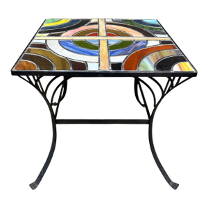 Vintage Stained Glass Side Table Wrought Iron Base Geometric Top