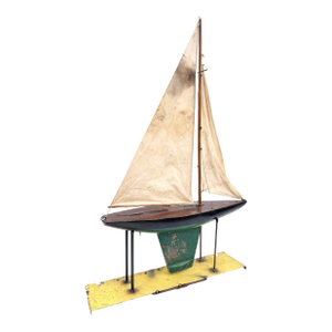 c.1921 Antique Monumental 45" Pond Boat / Yacht Inc. Folk Art Stand