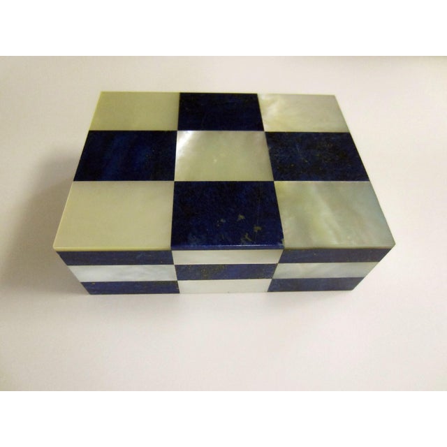 Lapiz Lazuli Intarsia Mother of Pearl Vintage Jewelry Box For Sale - Image 12 of 14