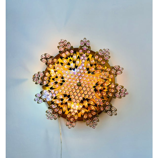 Vintage Brass Sunburst Ceiling Light, Hand-Painted Pink Crystal Beaded Mandala Chandelier, 10-Light Flush Mount For Sale - Image 11 of 18