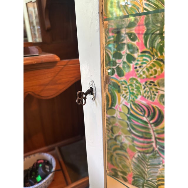 Vintage White Wooden Short Light Up Glass Display Cabinet With Tropical Wallpaper Background For Sale In Atlanta - Image 6 of 11