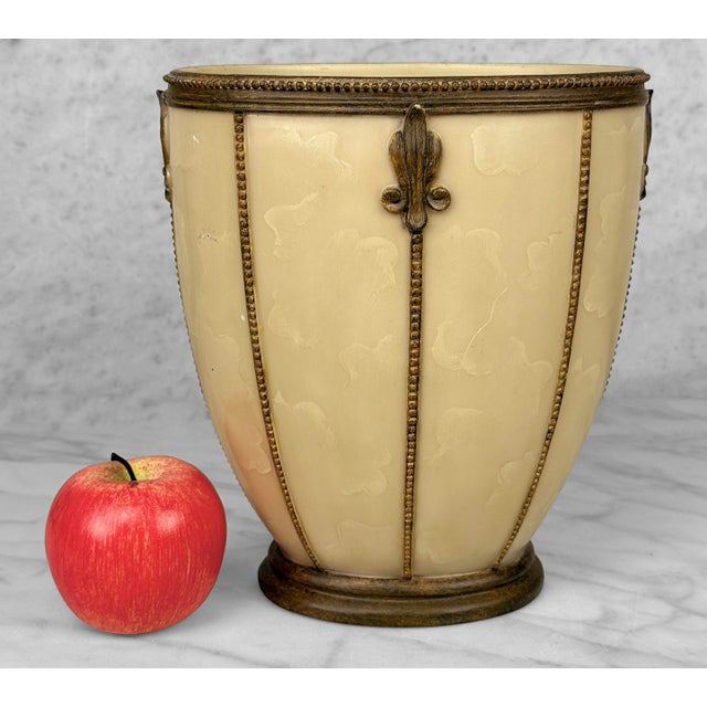 1980's French Style Restroom Waste Basket Molded Resin with Hand Painted Ivory Tortoise Shell Motif Fleur De Lis Side...