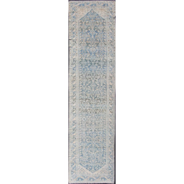 Long Antique Persian Malayer Runner With All Over Herati Design in Soft Blue For Sale - Image 13 of 13
