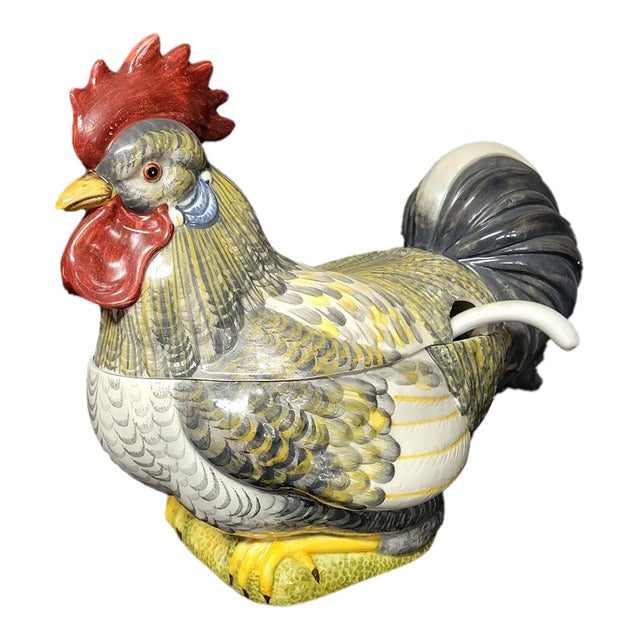 1970s Italian Majolica Hand-Painted Rooster Soup Tureen With Ladle – Large 18" For Sale