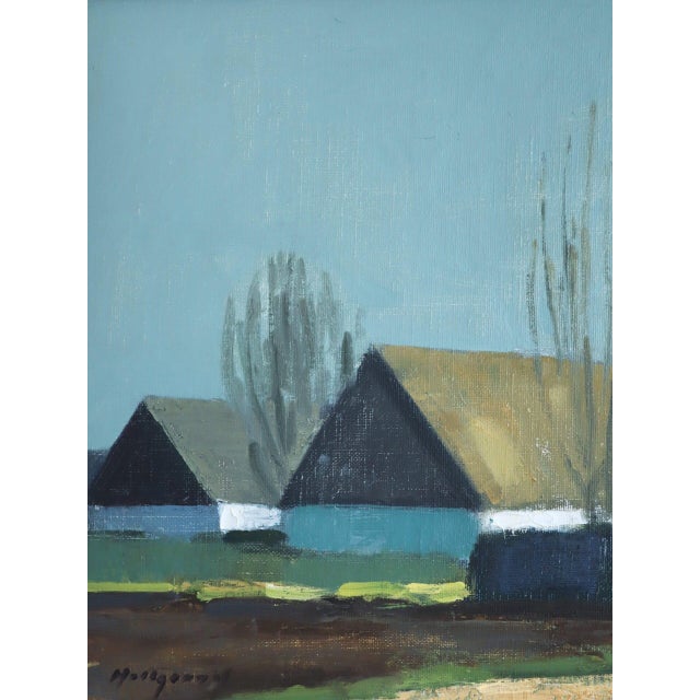 Textile Mid-Century Modern 'Quiet Farmstead' Vintage Original Landscape Oil Painting, Framed For Sale - Image 7 of 10