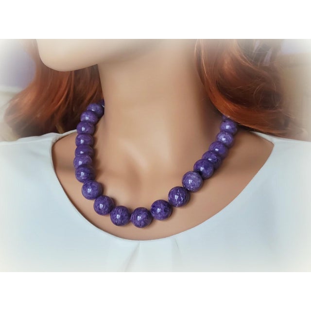 Contemporary Chatoyant Charoite Necklace With Sterling Silver Charoite Clasp, 20" For Sale - Image 3 of 10