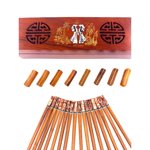 Contemporary Asian Modern Vietnamese Wooden Chopsticks for 8 With Brown Mother of Pearl Marbled Tips Decorative Storage Box and Coordinating Rests - 25 pcs For Sale - Image 3 of 10