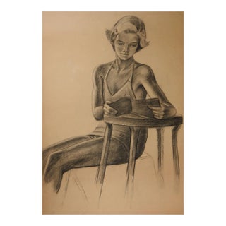 Vintage Mid Century Charles Normann Female Charcoal Study Drawing For Sale