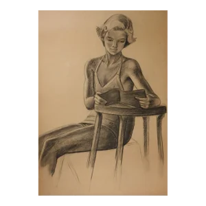 Vintage Mid Century Charles Normann Female Charcoal Study Drawing