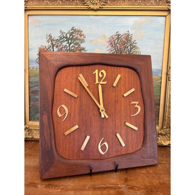 Vintage Mid Century Modern Handmade Solid Wood Clock With Gold Colored Modified Serif Typeface For Sale - Image 4 of 7