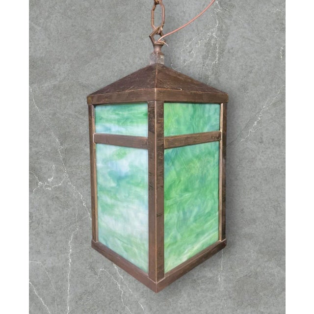 1920s Mission Pendant Light With Green Slag Glass For Sale - Image 4 of 6