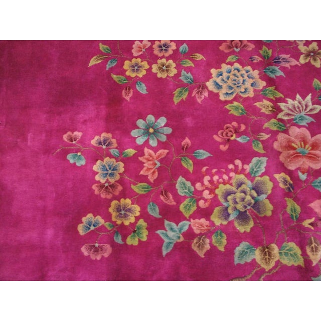 1930s Bright Pink Floral Modern Antique Chinese Art Deco Rug 8' 9'' X 11' 2'' Handknotted Wool Carpet For Sale In New York - Image 6 of 6