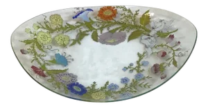 Vintage Dorothy C. Thorpe Wildflowers & Ribbon Curved Glass Oval Bowl