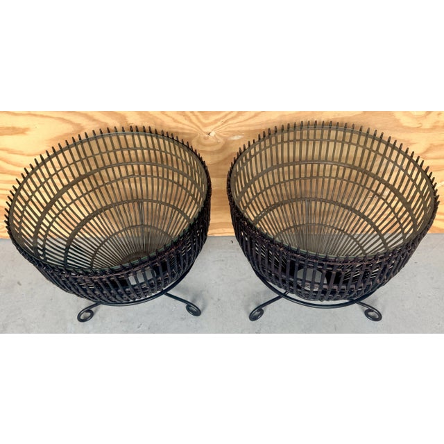 Mid-Century Franco Albini Style Rattan, Iron & Glass Fish Trap Side Tables - a Pair For Sale - Image 9 of 12