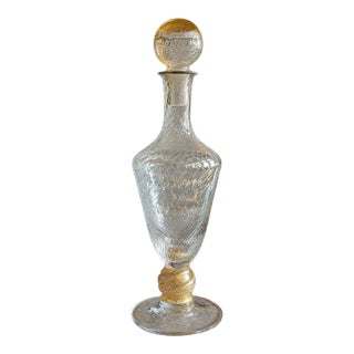 Vintage Italian Hand-Blown Art Glass Decanter With Gold Accents, Murano Style For Sale