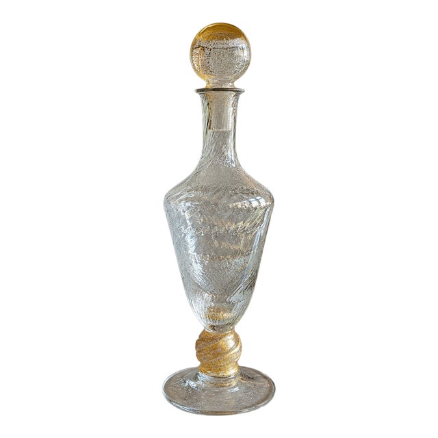 Vintage Italian Hand-Blown Art Glass Decanter With Gold Accents, Murano Style For Sale