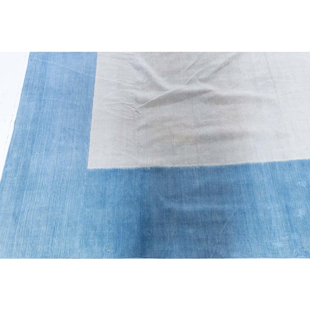 1950s Doris Leslie Blau Vintage Indian Dhurrie White With Blue Flatweave Cotton Rug For Sale - Image 5 of 7