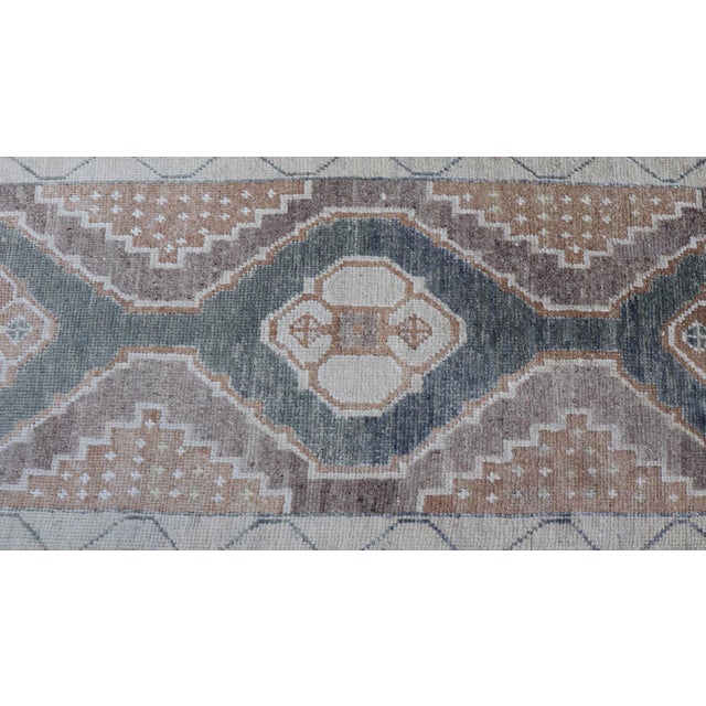 Beige Long Turkish Oushak Runner With Soft Green Field and Beige Medallions For Sale - Image 8 of 16