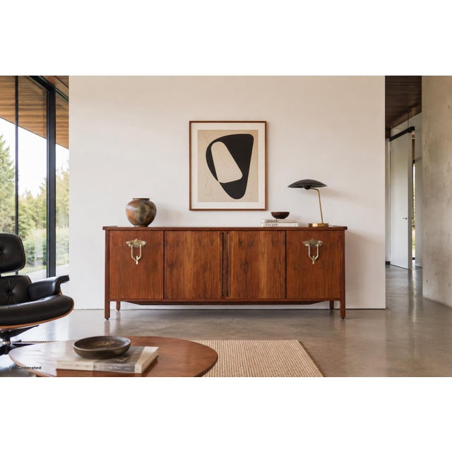 A beautifully vintage walnut credenza designed by Bert England for John Widdicomb as part of the highly coveted...